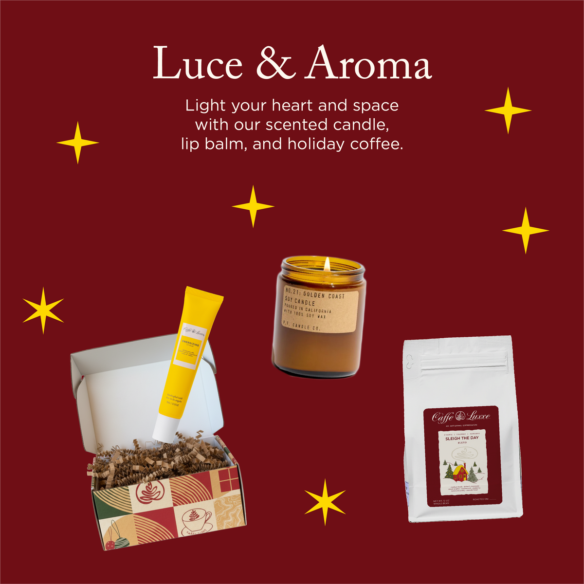 Luce & Aroma Gift Set: Holiday Coffee, Candle & Lip Balm