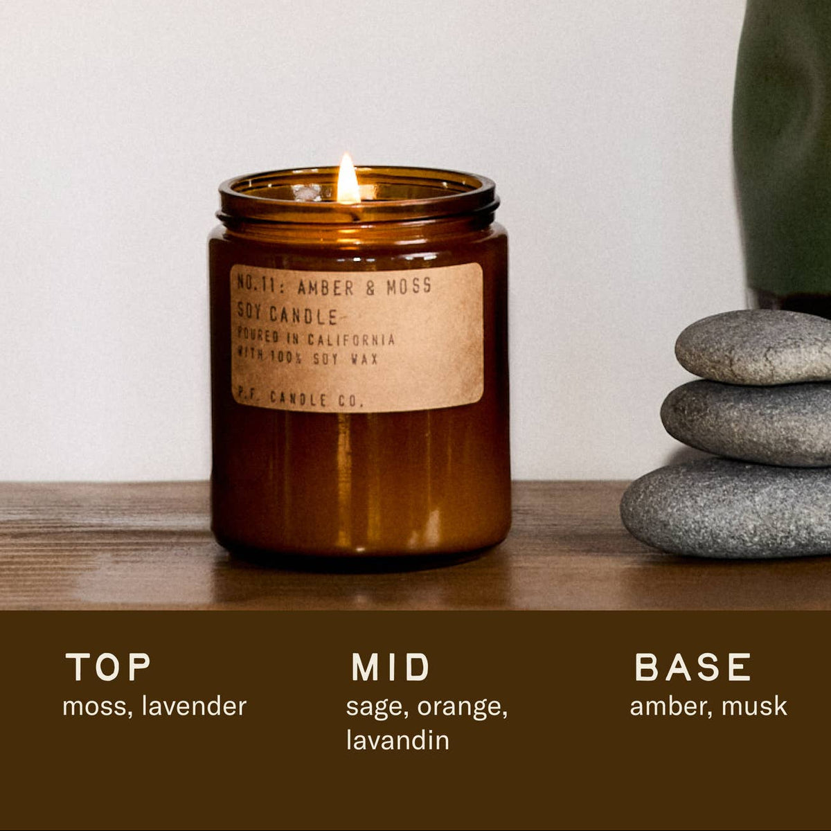 A lit candle in a brown jar with a label, next to stacked stones on a wooden surface.